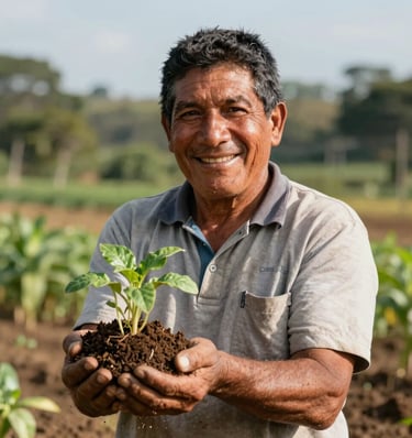 A detailed medium shot of a Colombian farmer smiling warmly, holding a handful of freshly harvested soil with young green sprouts, sunny day, professional and hopeful style.