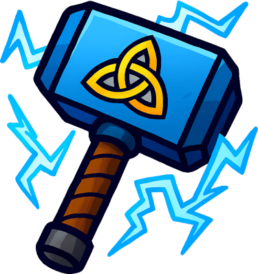 Mjolnir thunder hammer icon with blue lightning bolts and a yellow Celtic triquetra symbol.