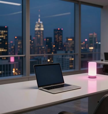 A laptop and glowing pink LED lamp on a modern office desk overlooking the New York City skyline at night.