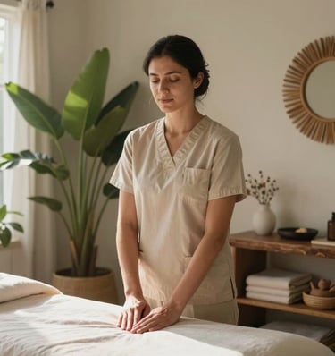 A serene portrait of a professional massage therapist in natural beige attire standing in a peaceful, sunlit therapy room in San Diego, California, surrounded by soothing sage green foliage and warm earthy decor.