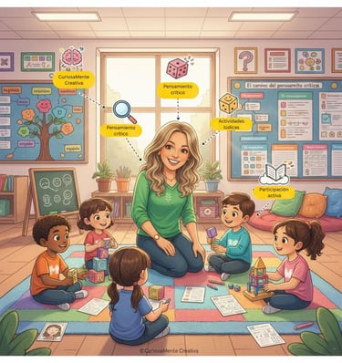 Maestra con ninos ensenando pensamiento critico, recursos emocionales y recursos de CuriosaMente Creativa