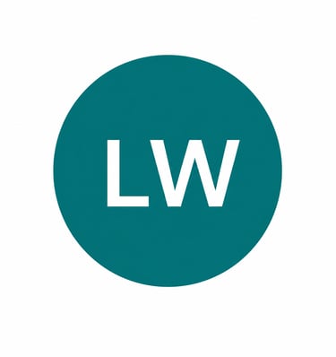 Minimalist teal circle logo featuring the white capital letters LW in a bold sans-serif font.