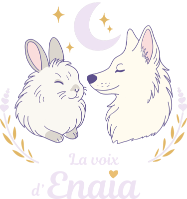 Logo de La voix d'Enaïa avec un chien et un lapin sous la lune entourés de lavande