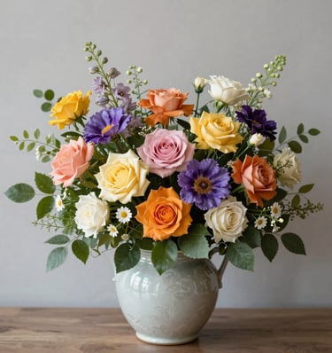 A vibrant bouquet of colorful roses and purple daisies in a ceramic vase on a wooden table.