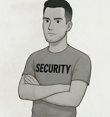 male with arm crossed and security on t-shirt