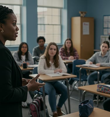 a woman in a black jacket standing in front of a class of students