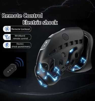 a black chastity cage demonstrating shock feature there is a remote to shock from a distance