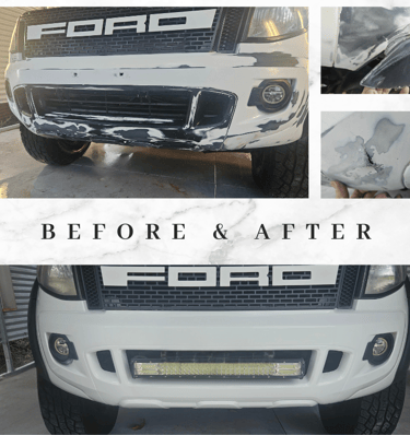 Front Bumper Plastic Welded, Repaired view of a before and after