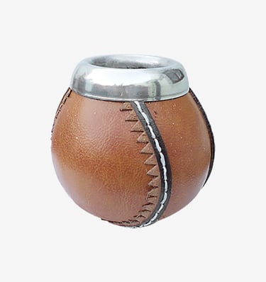 Traditional Argentine leather-wrapped mate gourd with a polished metal rim and hand-stitched details.