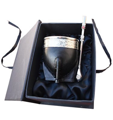 Handcrafted black leather mate gourd and alpaca silver bombilla in a premium gift box.