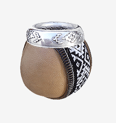 Traditional Argentine mate gourd with leather wrap and engraved silver rim.
