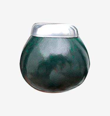 Polished green marble yerba mate gourd with a stainless steel rim against a plain white background.