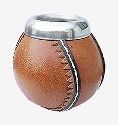 Traditional Argentine mate gourd wrapped in brown stitched leather with a silver rim.