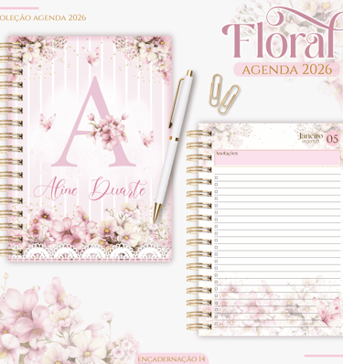 Agenda Floral Rosa com inicial e nome na capa
