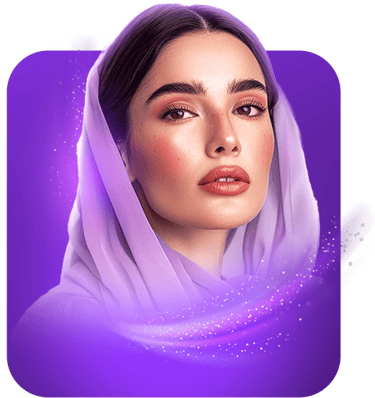 a woman in a white veil and a purple background