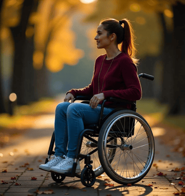 Mujer joven en silla de ruedas en el parque, beneficios en vida del seguro de vida Infoseguros LLC