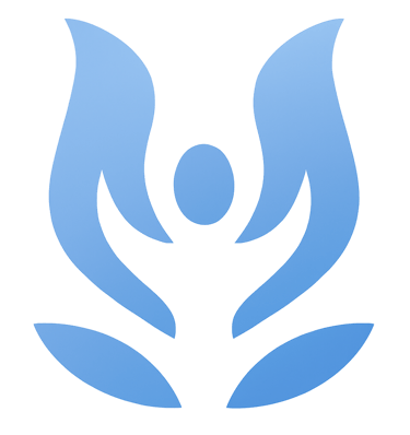 Blauw logo-symbool dat lichaam en geest in verbinding toont.