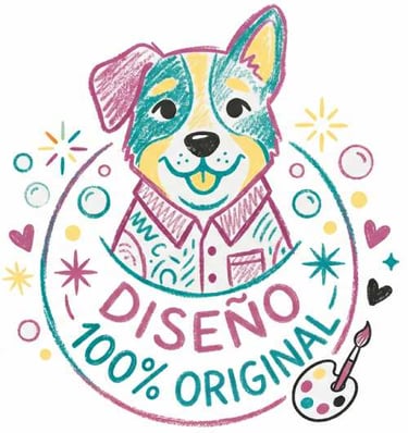  Ilustración colorida de un perro dibujada a mano con el texto en español Diseño 100% Original.
