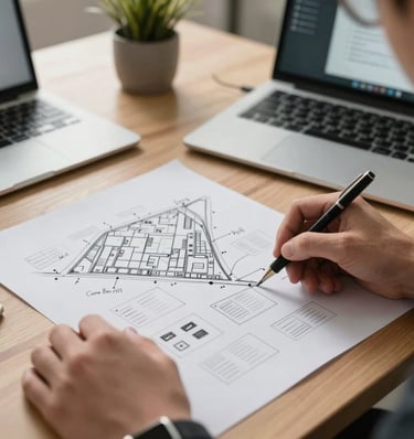 A close-up shot of a professional digital designer based in the US sketching course maps and training wireframes. Creative office desk layout with modern equipment, warm natural lighting, corporate style.