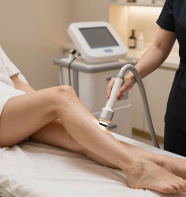 Professional laser hair removal treatment on a woman's legs at a cosmetic dermatology clinic.
