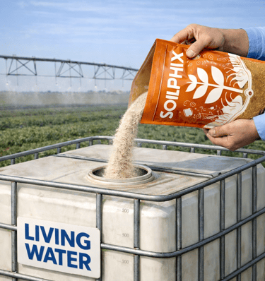 A farmer pouring Soilphix agricultural soil amendment into a Living Water tank for irrigation.