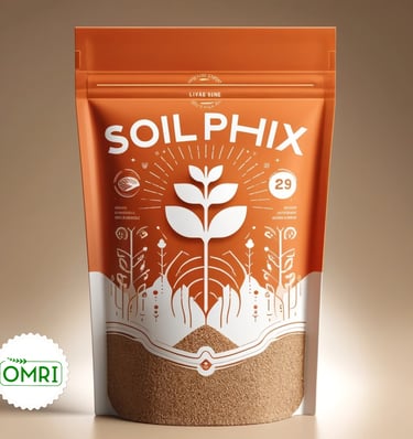 Soil Phix organic microbes in an orange resealable bag featuring an OMRI listed seal.