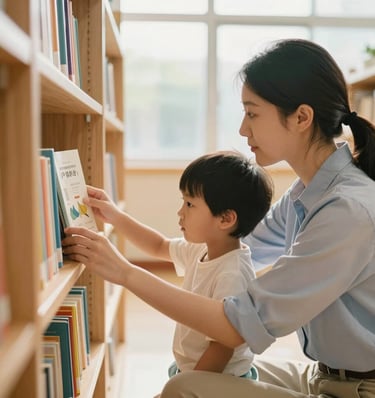 A candid medium shot of a supportive therapist guiding a child as they select a book from a wooden shelf in a bright local library, warm natural light, soft focus.