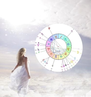 Femme en blanc contemplant une carte du ciel émergeant des nuages