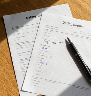 Close-up overhead shot of Dating Report Card assessment pages spread on a warm ochre linen surface, a pen resting beside handwritten notes, natural window light casting soft shadows across the materials
