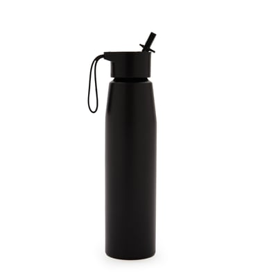 Reusable matte black water bottle with a straw lid and carrying loop on a white background.