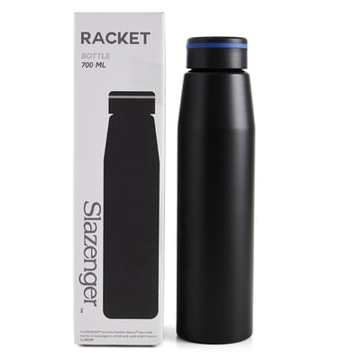 Slazenger Racket 700ml matte black stainless steel water bottle with its white branded packaging.