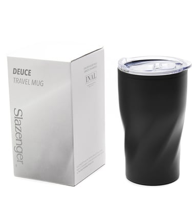 Black Slazenger Deuce travel mug with a spiral design and clear lid next to its white gift box.