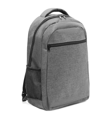 Durable grey laptop backpack with a zippered front pocket and mesh side water bottle holder.