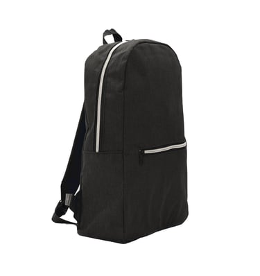 Black canvas backpack with silver zippers and adjustable straps for travel or school.
