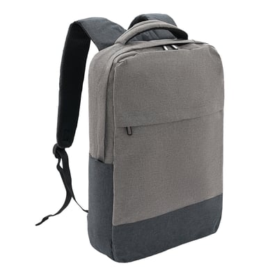 Gray and black slim laptop backpack with padded shoulder straps for school, travel, or business.