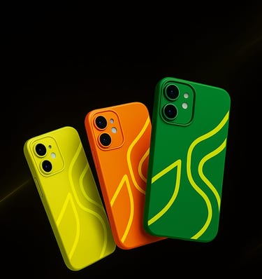 A curated collection of designer mobile back covers arranged aesthetically on a dark background, featuring premium materials