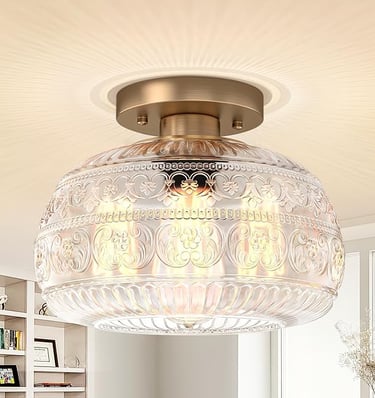 Gold semi flush ceiling light for living room, modern close-to-ceiling fixture.