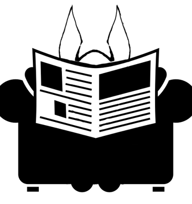 Anubis reading a newspaper on a chair