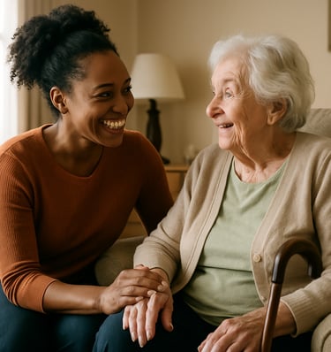 a woman sitting on a couch with a woman holding a cane