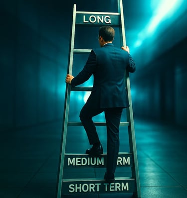 Mann auf Leiter mit Zeitspannen - Symbol für Zeitspannendynamik, Zeitabläufe, Zeitplanung 