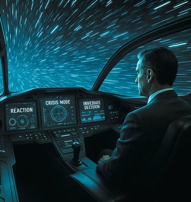 Mann sitzt in einem Cockpit, das Stresszustände zeigt - Symbol für Zeitdilatation, Zeitdehnung