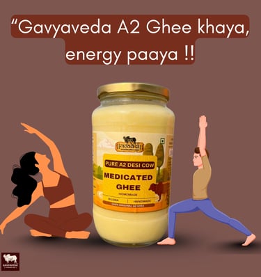“Golden Gavyaveda A2 ghee highlighting its role in balancing bad cholesterol naturally.”