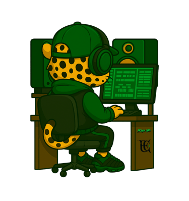  Leopardo Fresh CBD frente a ordenador con gorra y sudadera, estilo oficina