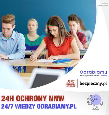 klasa szkolna z dziecmi i napis odraciamy pomagamy w nauce razem . generali bezpieczny.pl