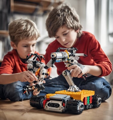 two boys playing with legos on a couch