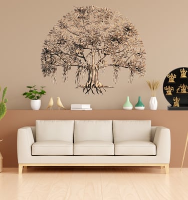 a couch with a brass tree in the middle of a room