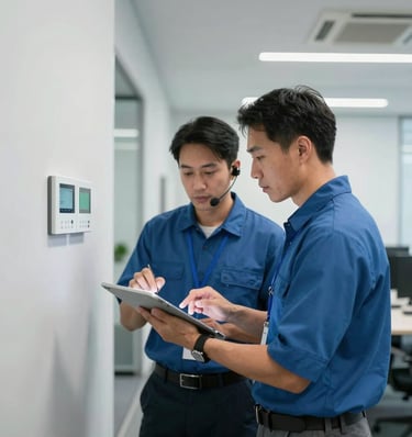 A professional IT support specialist and an HVAC technician working collaboratively in a clean, modern commercial office setting in North American. They are analyzing diagnostics on a tablet computer near an advanced thermostat control interface on a clean wall. Trustworthy, professional, bright modern ambient lighting.