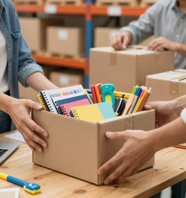 A cardboard box filled with colorful school supplies and notebooks is being packed in a warehouse.