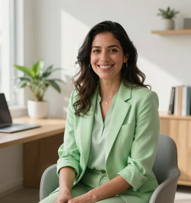A portrait of a friendly and smiling South American psychologist in their 30s, sitting in a bright, modern, sunlit office in Santiago, Chile. The background features light-toned wooden furniture and a houseplant. Soft natural lighting, professional yet warm and accessible vibe, showcasing minimalist healthtech design. Colors include touches of vibrant apple green and soft pale pastel green.