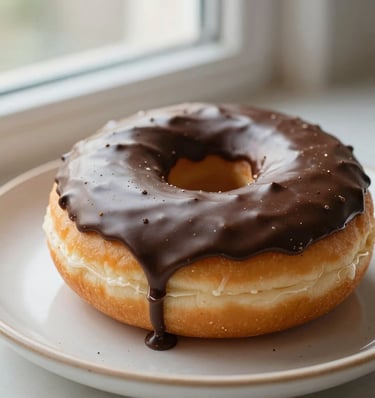 Macro shot of a freshly baked donut with a glossy, warm dark chocolate glaze dripping down the side, resting on a rustic cream-colored ceramic plate, soft morning window light, shallow depth of field.
